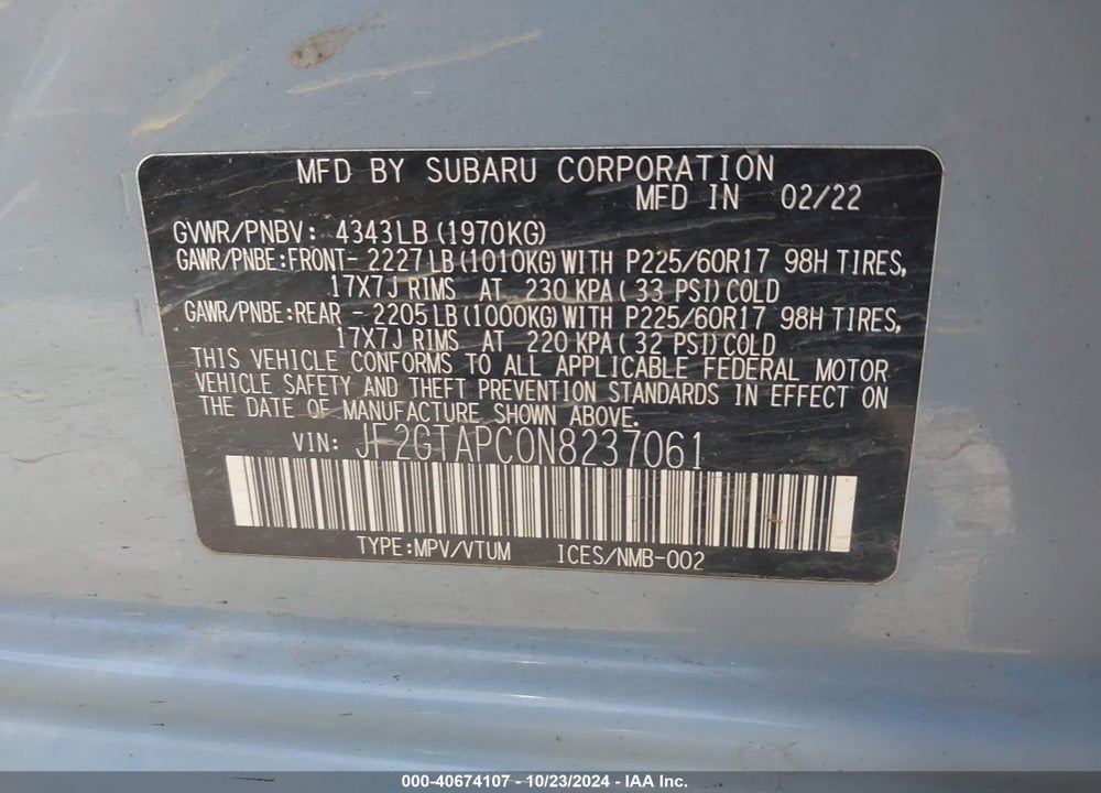 2022 SUBARU CROSSTREK PREMIUM VIN: JF2GTAPC0N8237061