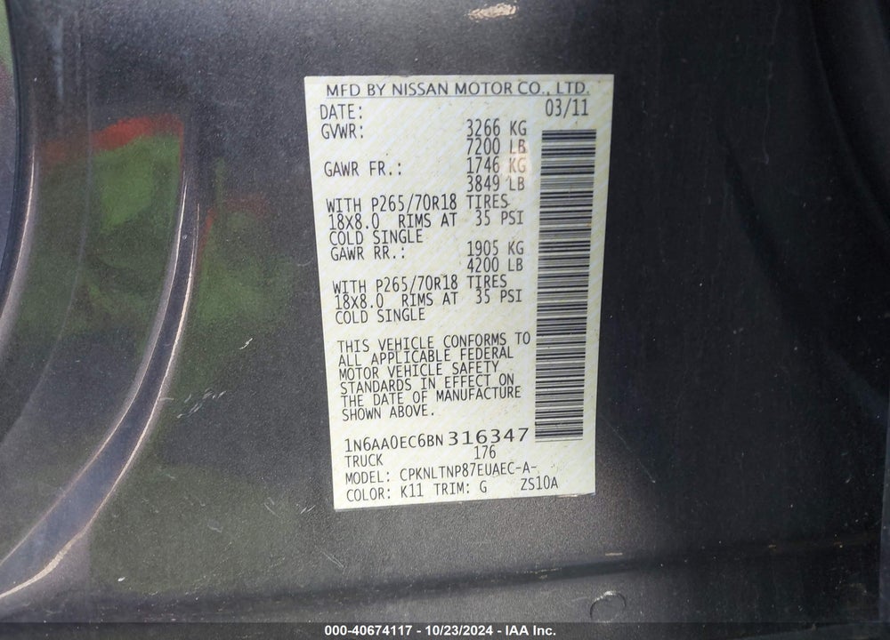 2011 NISSAN TITAN SV VIN: 1N6AA0EC6BN316347