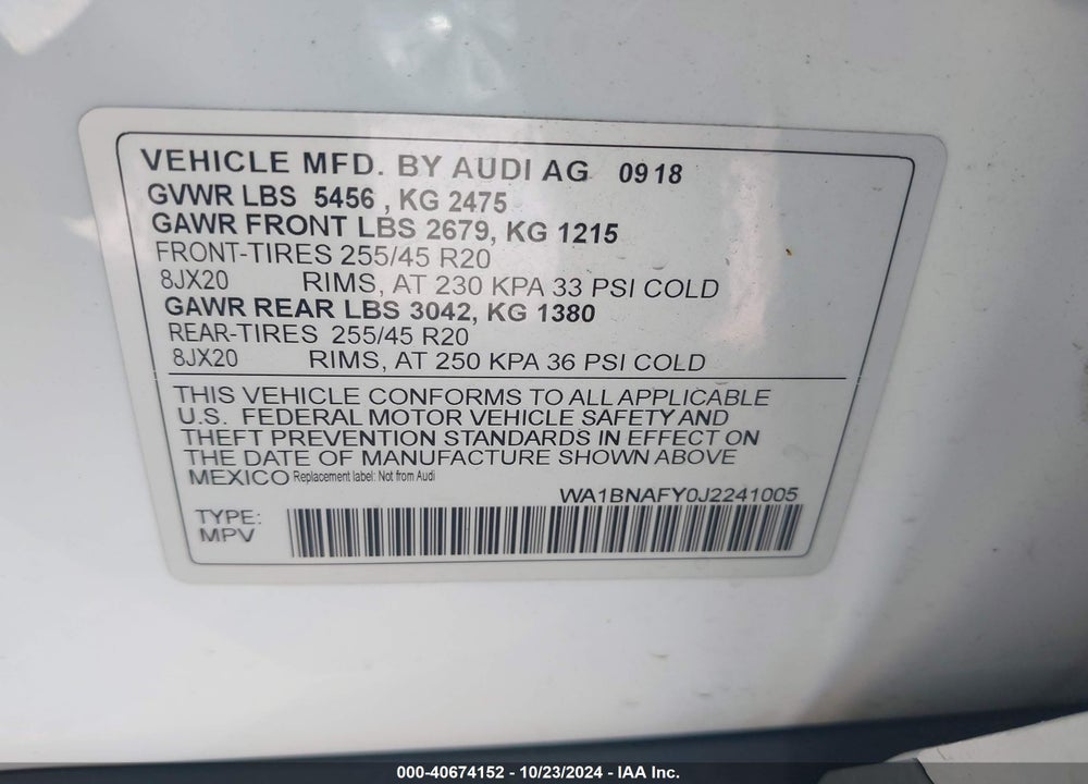 2018 AUDI Q5 2.0T PREMIUM/2.0T TECH PREMIUM VIN: WA1BNAFY0J2241005