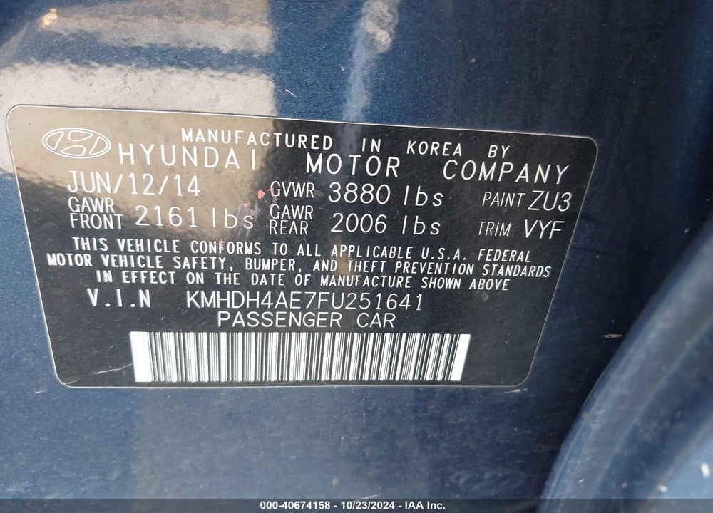 2015 HYUNDAI ELANTRA SE VIN: KMHDH4AE7FU251641