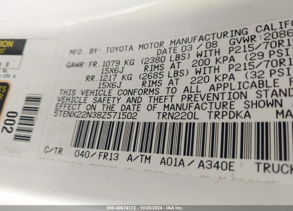 2008 TOYOTA TACOMA VIN: 5TENX22N38Z571502