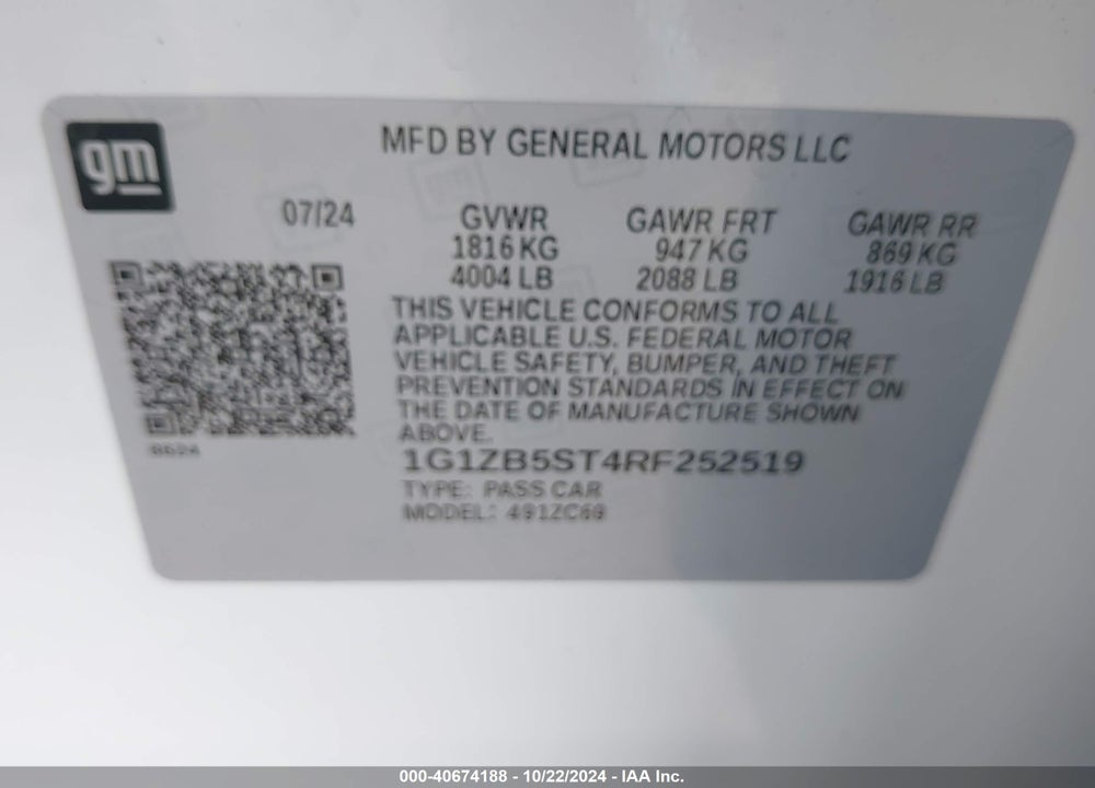 2024 CHEVROLET MALIBU FWD LS VIN: 1G1ZB5ST4RF252519