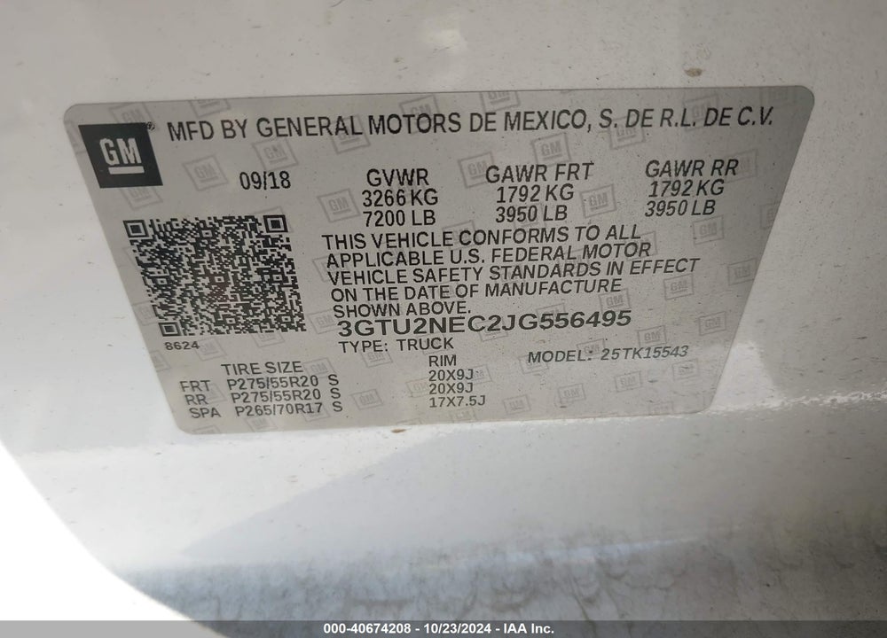 2018 GMC SIERRA 1500 SLT VIN: 3GTU2NEC2JG556495