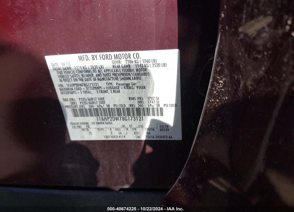 2011 FORD TAURUS SE VIN: 1FAHP2DW7BG173121
