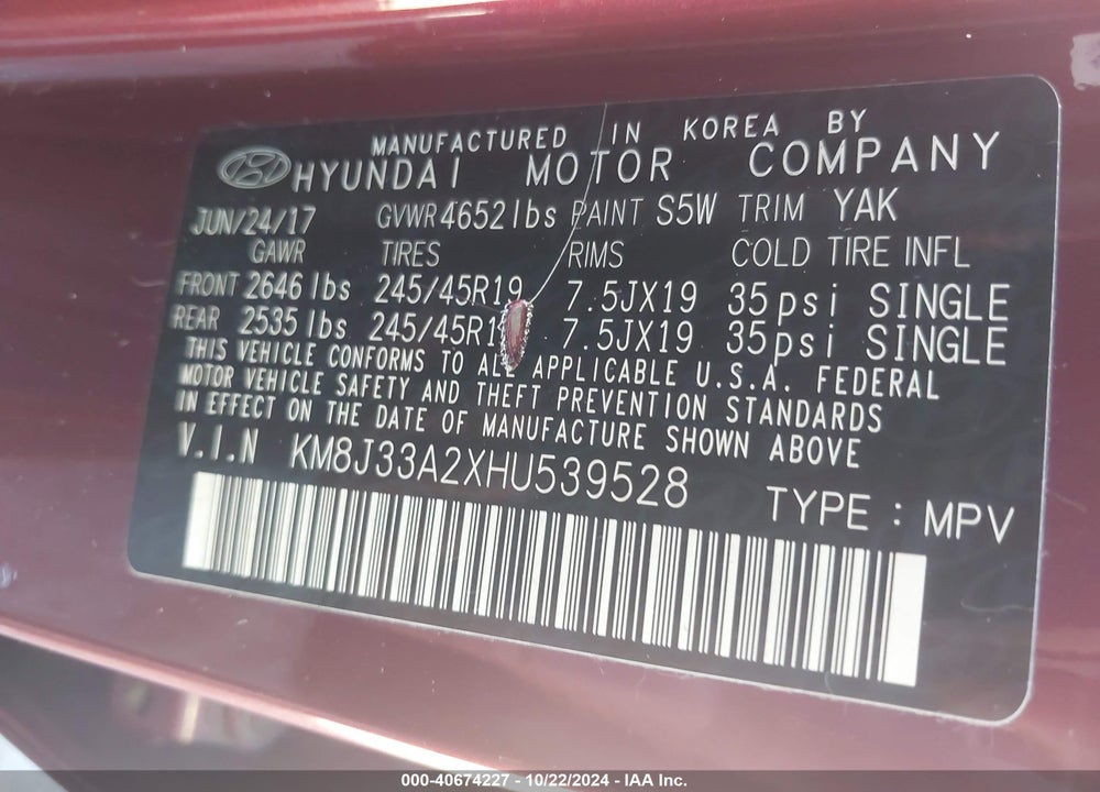 2017 HYUNDAI TUCSON SPORT VIN: KM8J33A2XHU539528