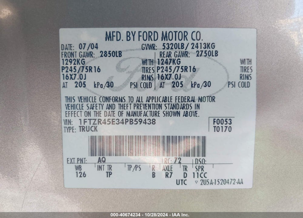 2004 FORD RANGER EDGE/TREMOR/XLT VIN: 1FTZR45E34PB59438