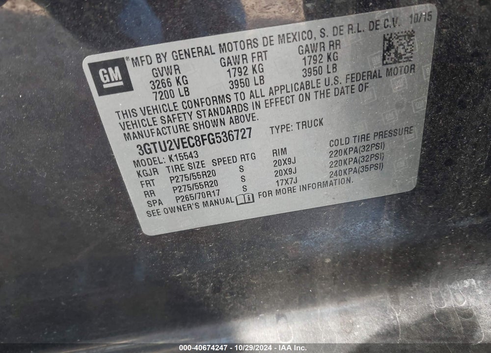 2015 GMC SIERRA 1500 SLT VIN: 3GTU2VEC8FG536727