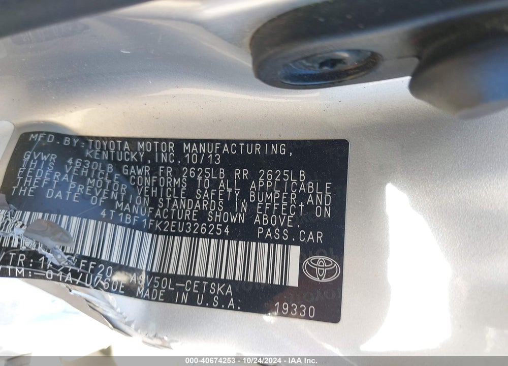 2014 TOYOTA CAMRY SE VIN: 4T1BF1FK2EU326254