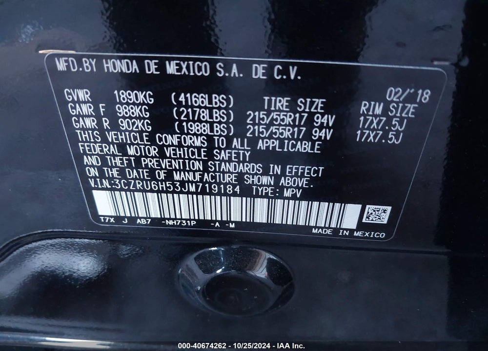 2018 HONDA HR-V EX VIN: 3CZRU6H53JM719184