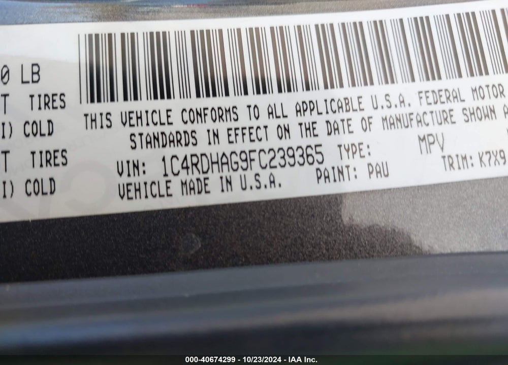 2015 DODGE DURANGO SXT VIN: 1C4RDHAG9FC239365
