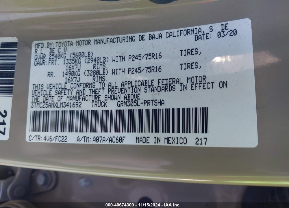 2020 TOYOTA TACOMA SR5 V6 VIN: 3TMCZ5ANXLM341692
