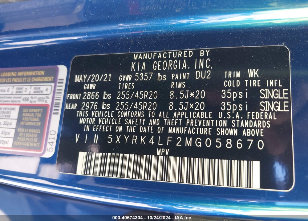 2021 KIA SORENTO SX VIN: 5XYRK4LF2MG058670