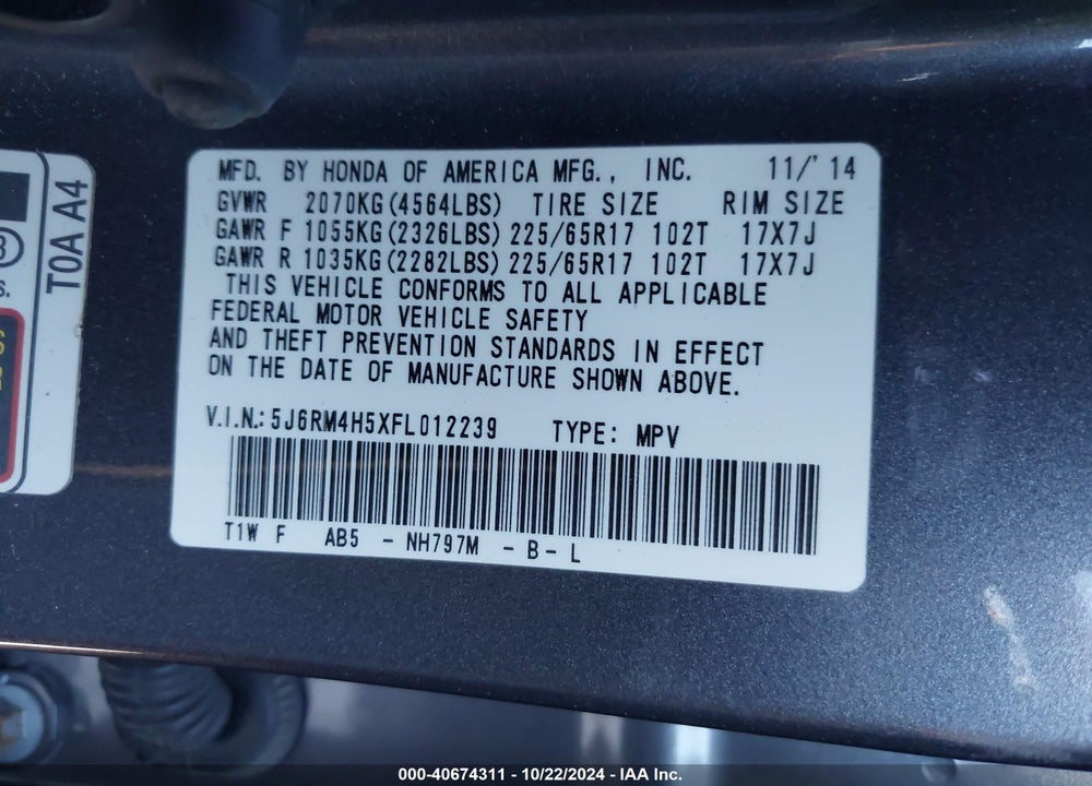 2015 HONDA CR-V EX VIN: 5J6RM4H5XFL012239
