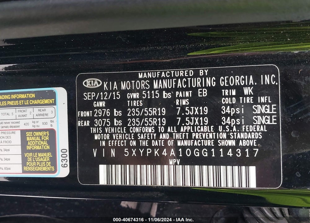 2016 KIA SORENTO 2.0T SXL VIN: 5XYPK4A10GG114317