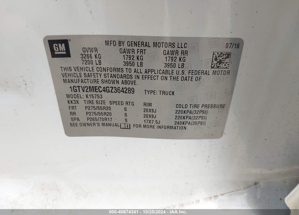 2016 GMC SIERRA 1500 SLE VIN: 1GTV2MEC4GZ364289