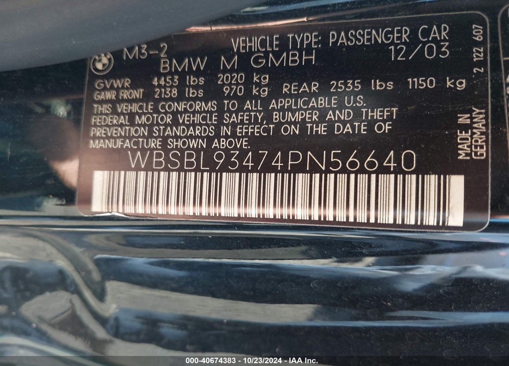 2004 BMW M3 VIN: WBSBL93474PN56640