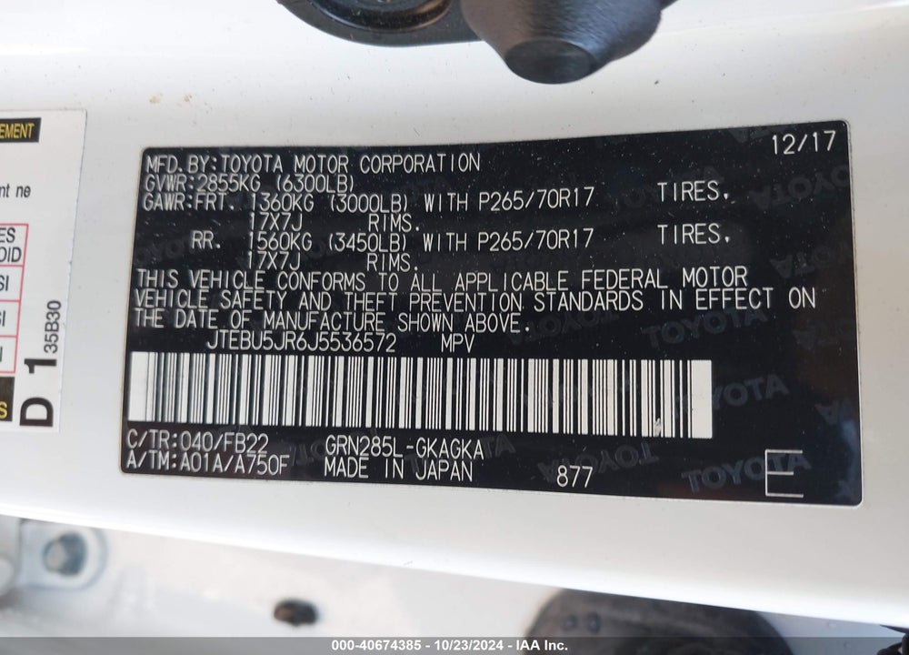 2018 TOYOTA 4RUNNER SR5 VIN: JTEBU5JR6J5536572
