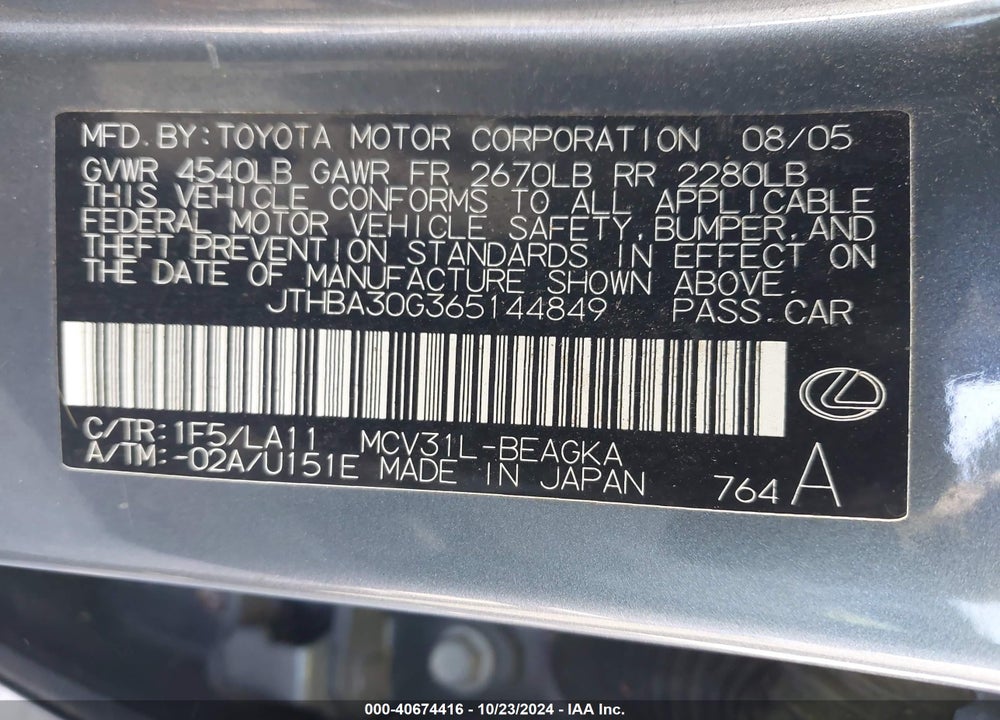 2006 LEXUS ES 330 VIN: JTHBA30G365144849