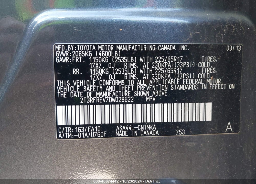 2013 TOYOTA RAV4 XLE VIN: 2T3RFREV7DW028622