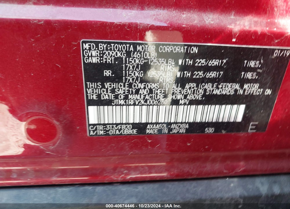 2019 TOYOTA RAV4 LE VIN: JTMK1RFV2KJ006280