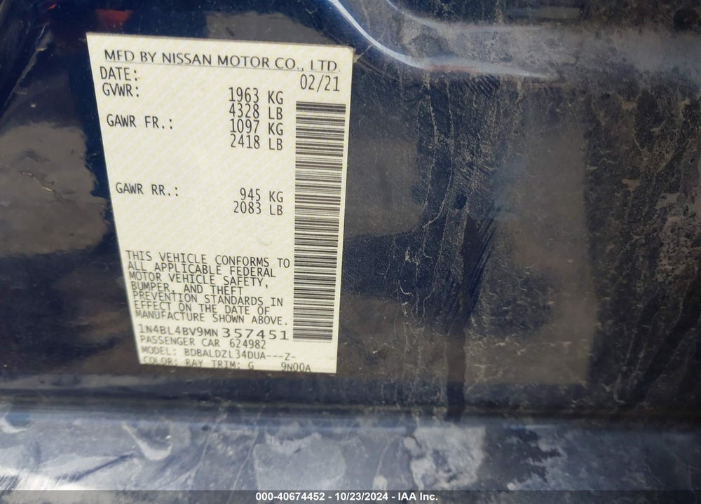 2021 NISSAN ALTIMA S FWD VIN: 1N4BL4BV9MN357451