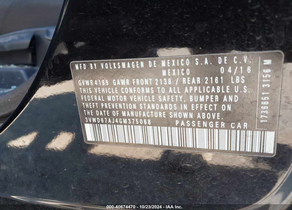 2016 VOLKSWAGEN JETTA 1.4T SE VIN: 3VWD67AJ4GM375068