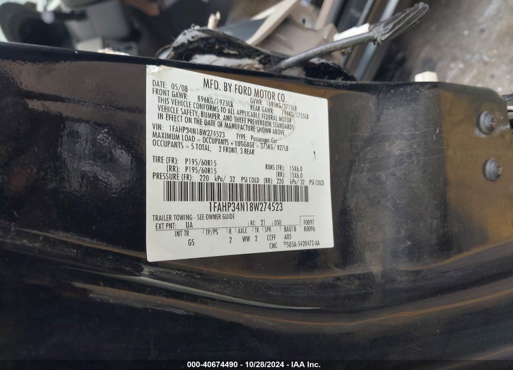 2008 FORD FOCUS S VIN: 1FAHP34N18W274523