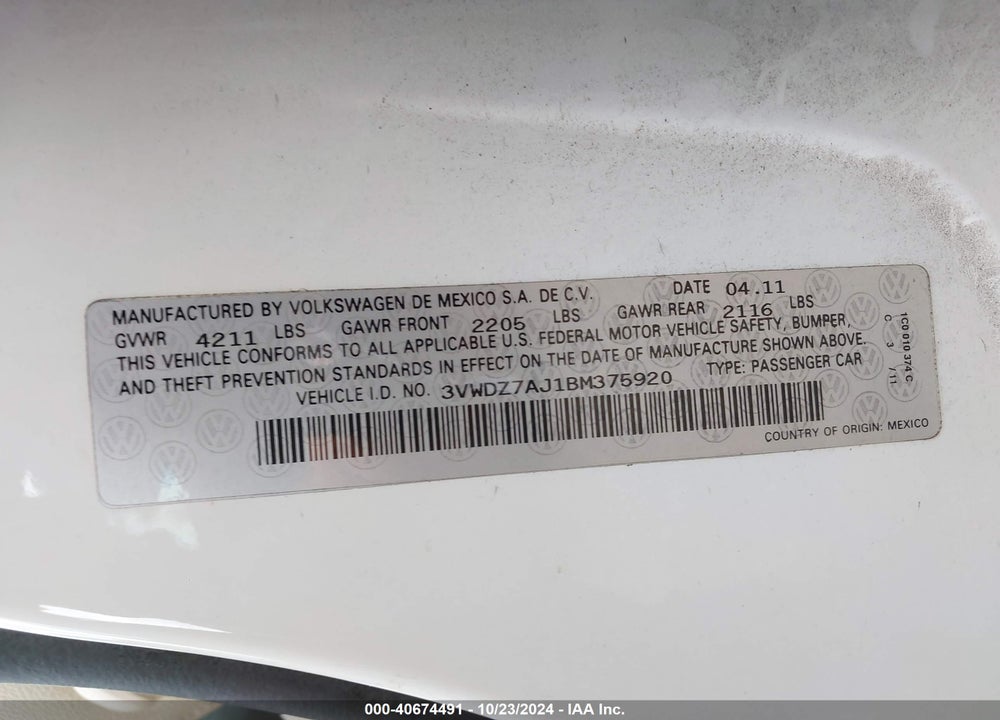 2011 VOLKSWAGEN JETTA 2.5L SE VIN: 3VWDZ7AJ1BM375920