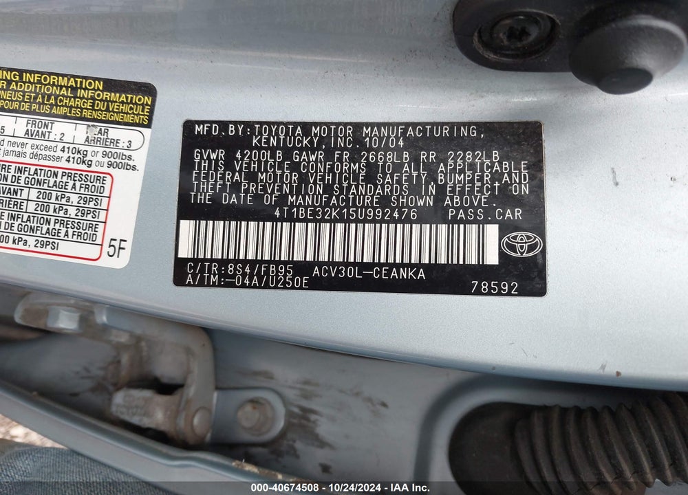 2005 TOYOTA CAMRY LE VIN: 4T1BE32K15U992476