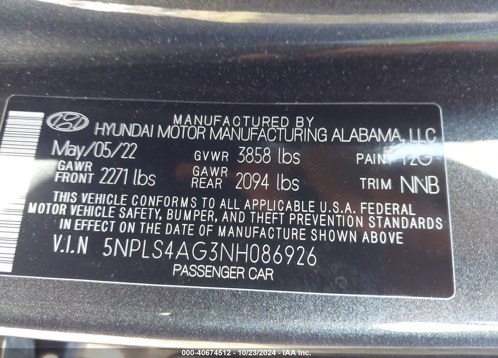 2022 HYUNDAI ELANTRA SEL VIN: 5NPLS4AG3NH086926