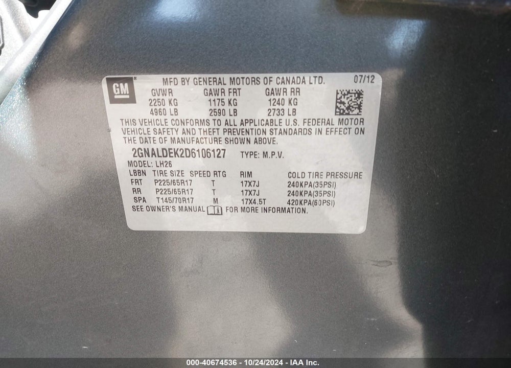 2013 CHEVROLET EQUINOX 1LT VIN: 2GNALDEK2D6106127