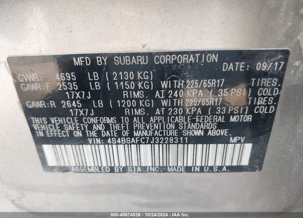 2018 SUBARU OUTBACK 2.5I PREMIUM VIN: 4S4BSAFC7J3228311