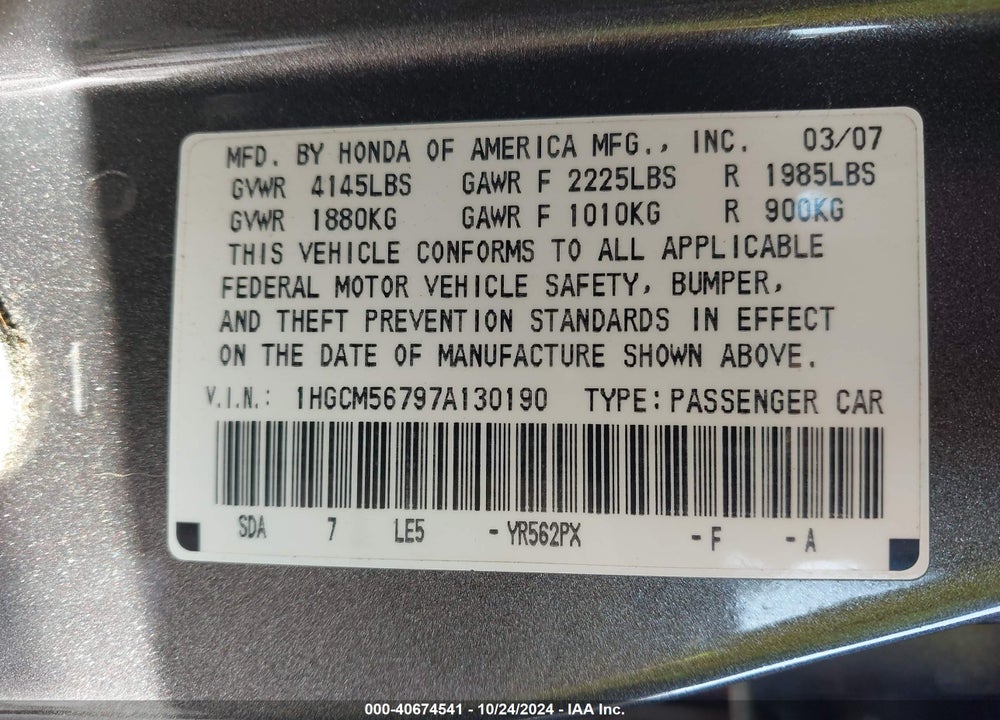 2007 HONDA ACCORD 2.4 EX VIN: 1HGCM56797A130190
