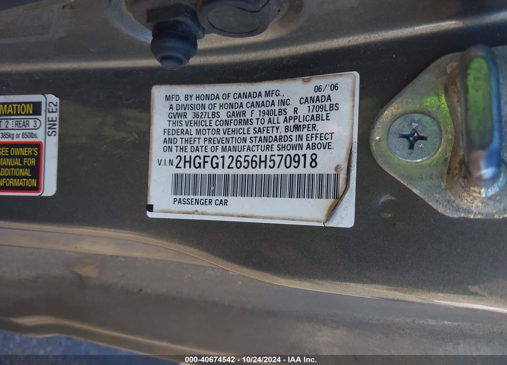 2006 HONDA CIVIC LX VIN: 2HGFG12656H570918