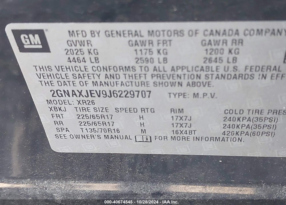2018 CHEVROLET EQUINOX VIN: 2GNAXJEV9J6229707