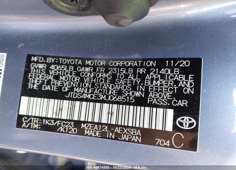 2021 TOYOTA COROLLA SE VIN: JTDS4MCE3MJ068515