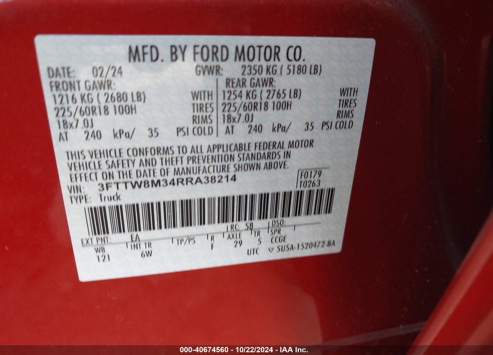 2024 FORD MAVERICK LARIAT VIN: 3FTTW8M34RRA38214