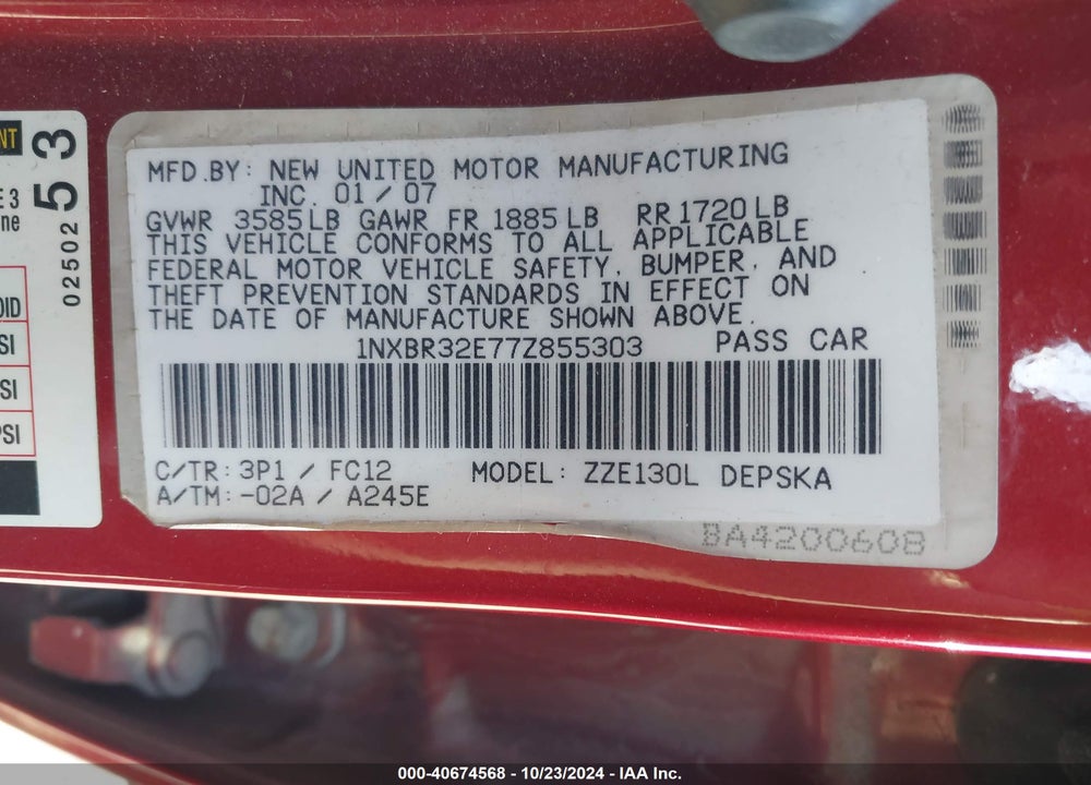 2007 TOYOTA COROLLA S VIN: 1NXBR32E77Z855303
