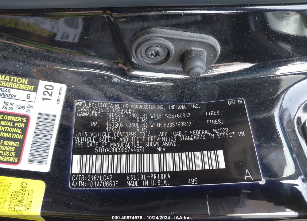 2016 TOYOTA SIENNA XLE LIMITED VIN: 5TDYK3DC9GS744674