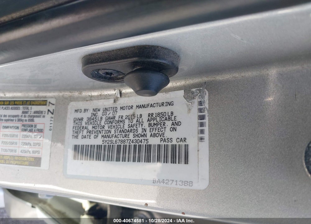 2007 PONTIAC VIBE VIN: 5Y2SL67887Z430475