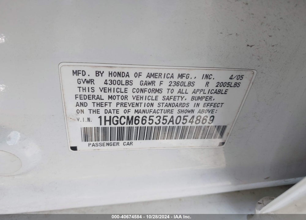 2005 HONDA ACCORD 3.0 EX VIN: 1HGCM66535A054869