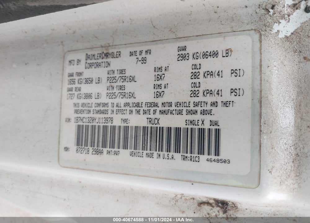 2000 DODGE RAM 1500 ST VIN: 1B7HC13Z0YJ113978