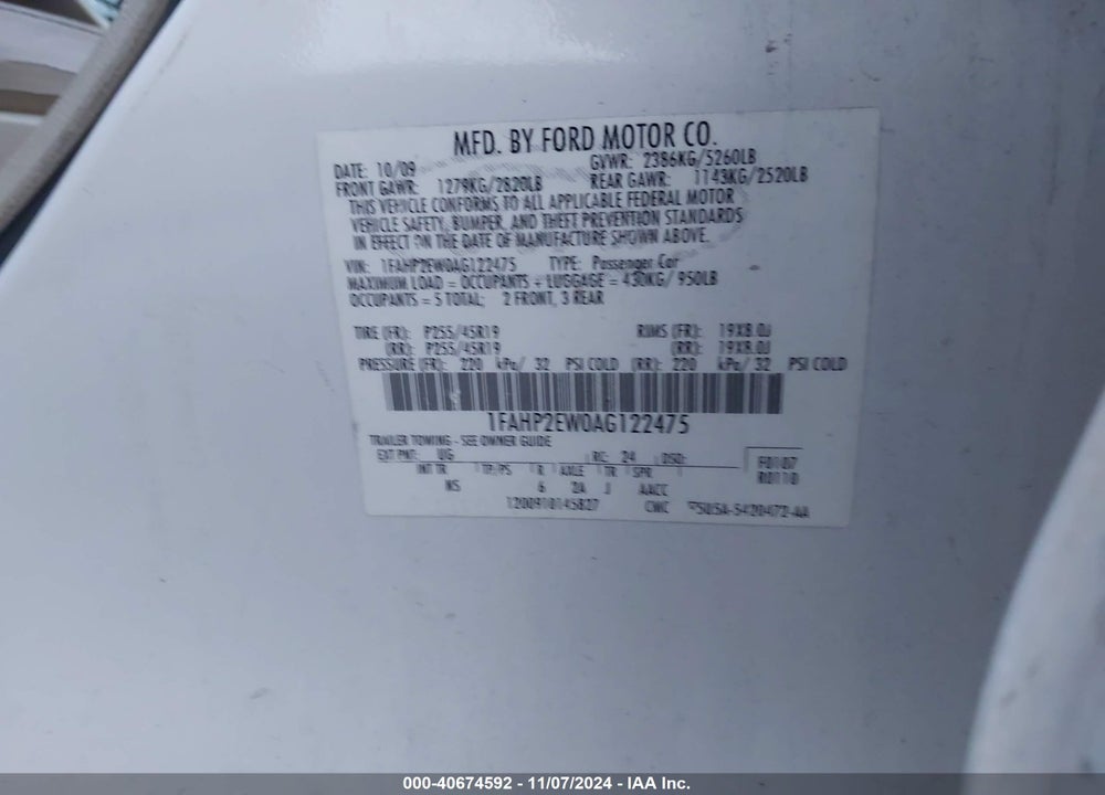 2010 FORD TAURUS SEL VIN: 1FAHP2EW0AG122475