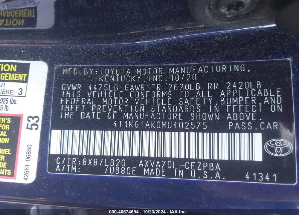 2021 TOYOTA CAMRY XSE VIN: 4T1K61AK0MU402575