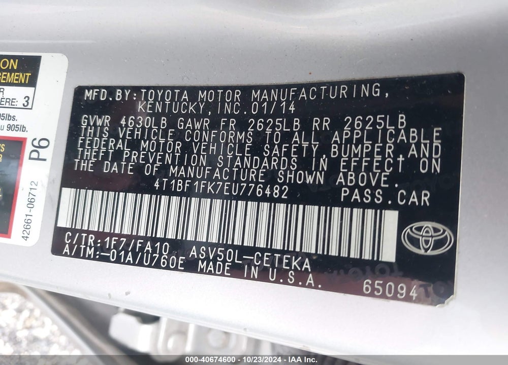 2014 TOYOTA CAMRY L VIN: 4T1BF1FK7EU776482