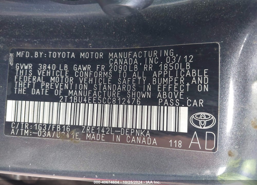 2012 TOYOTA COROLLA LE VIN: 2T1BU4EE5CC812476