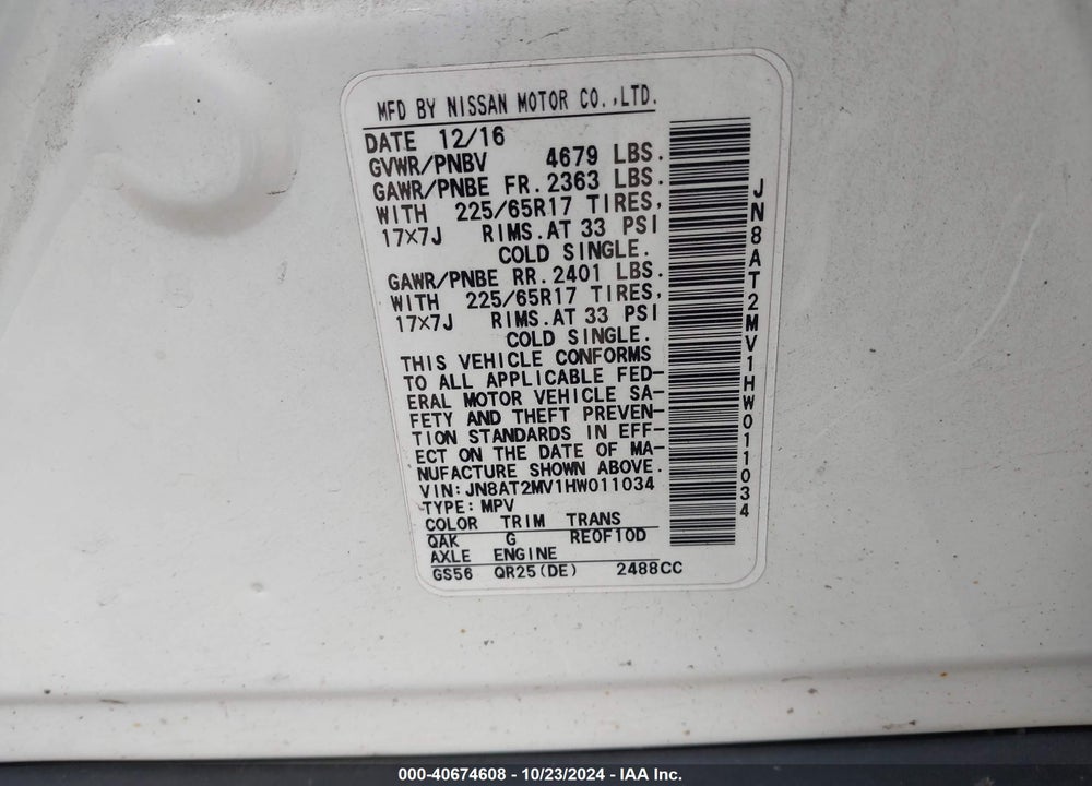2017 NISSAN ROGUE S VIN: JN8AT2MV1HW011034