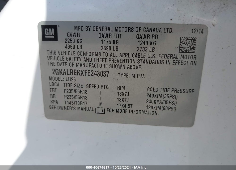 2015 GMC TERRAIN SLE-2 VIN: 2GKALREKXF6243037