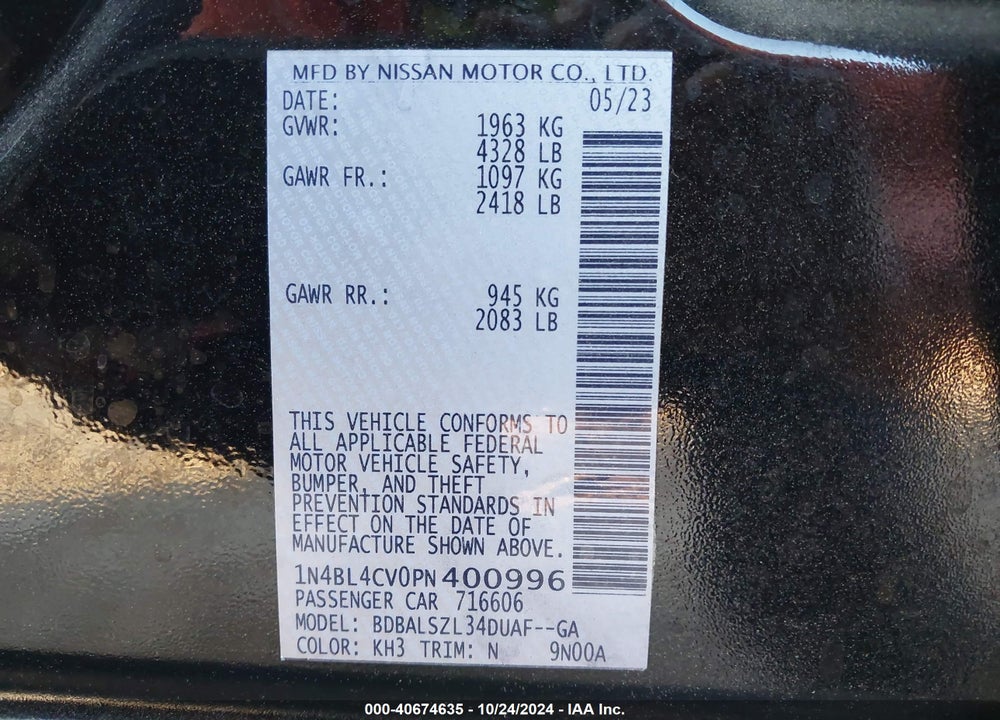 2023 NISSAN ALTIMA SR FWD VIN: 1N4BL4CV0PN400996