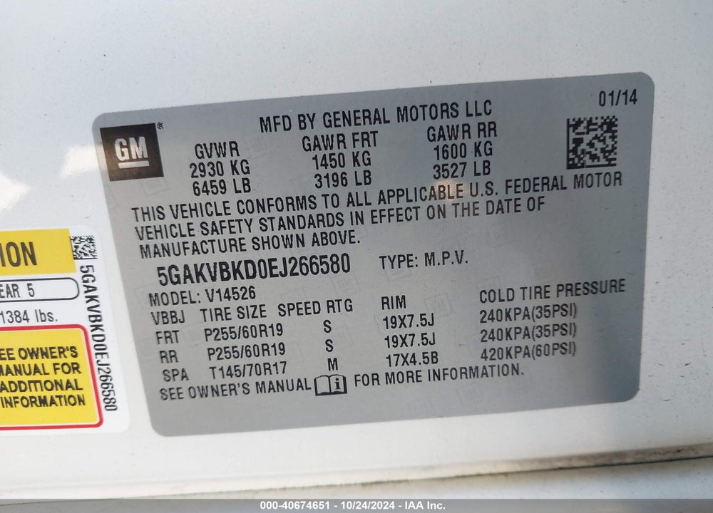 2014 BUICK ENCLAVE LEATHER VIN: 5GAKVBKD0EJ266580